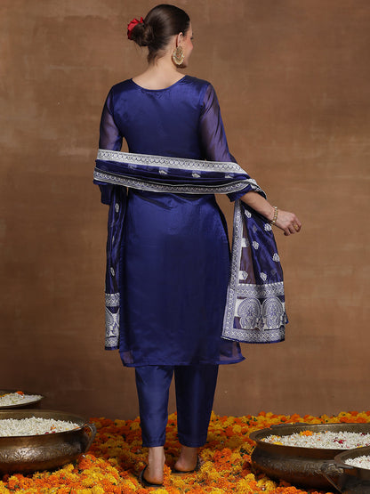 Indo Era Blue Woven Design Straight Kurta Trousers With Dupatta Set