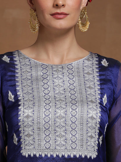 Indo Era Blue Woven Design Straight Kurta Trousers With Dupatta Set