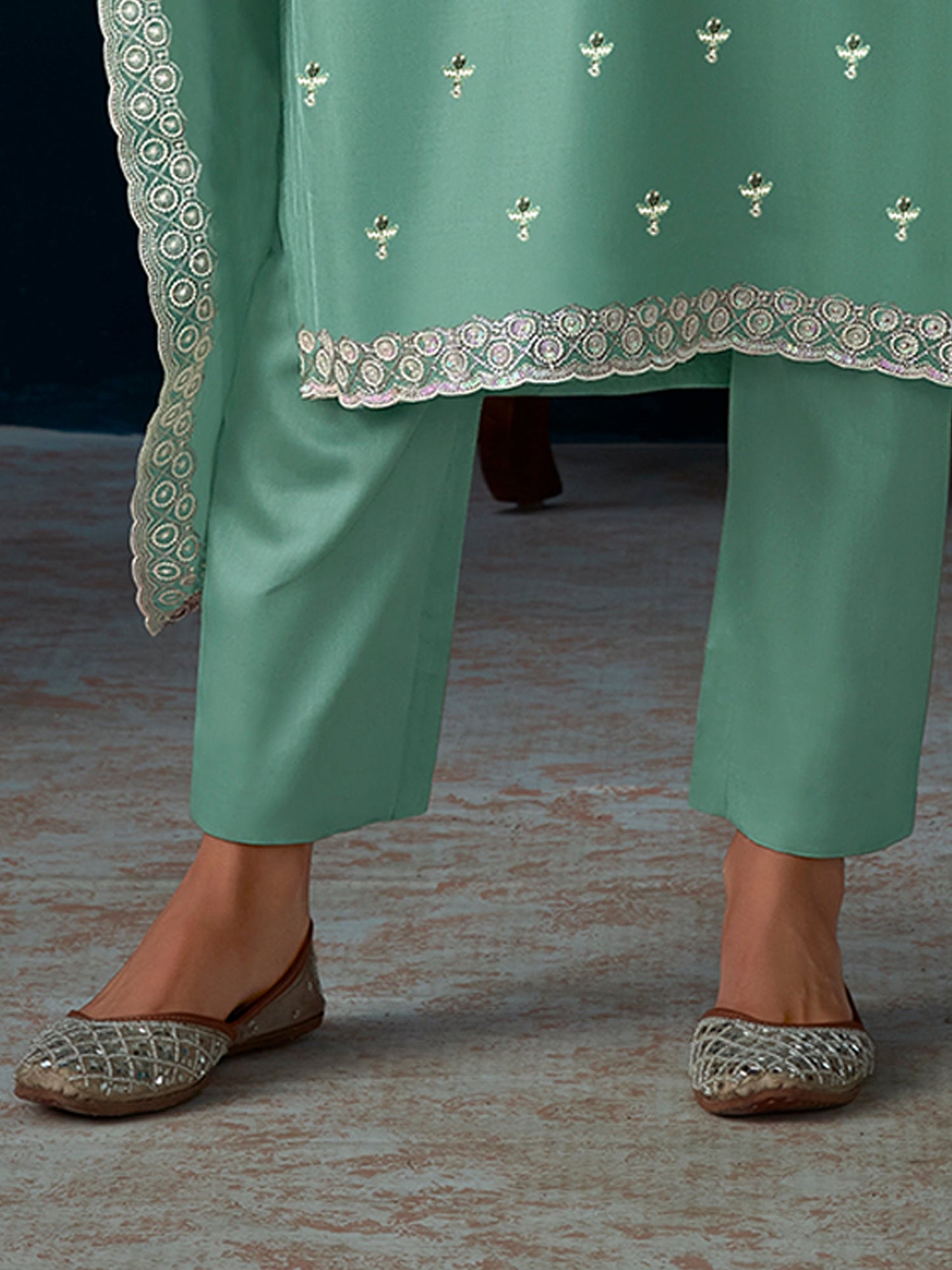 Indo Era Green Straight Embroidered Kurta Trousers With Dupatta Set