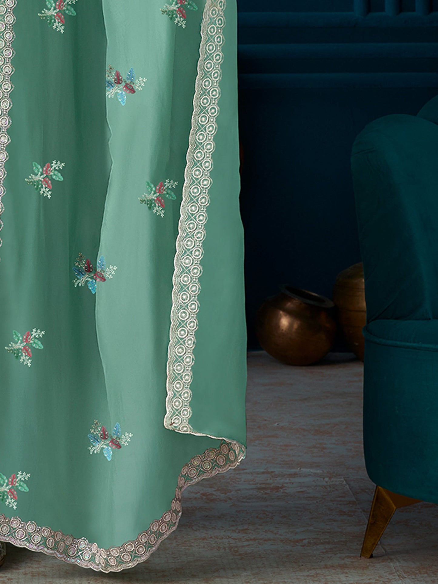 Indo Era Green Straight Embroidered Kurta Trousers With Dupatta Set