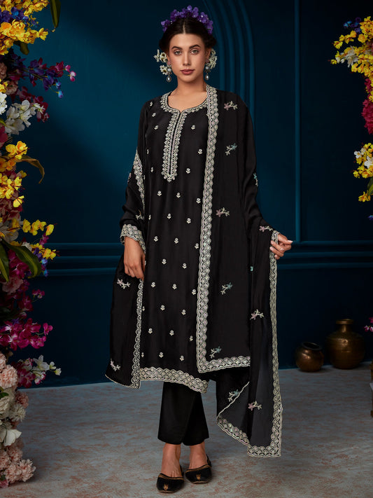 Indo Era Black Straight Embroidered Kurta Trousers With Dupatta Set