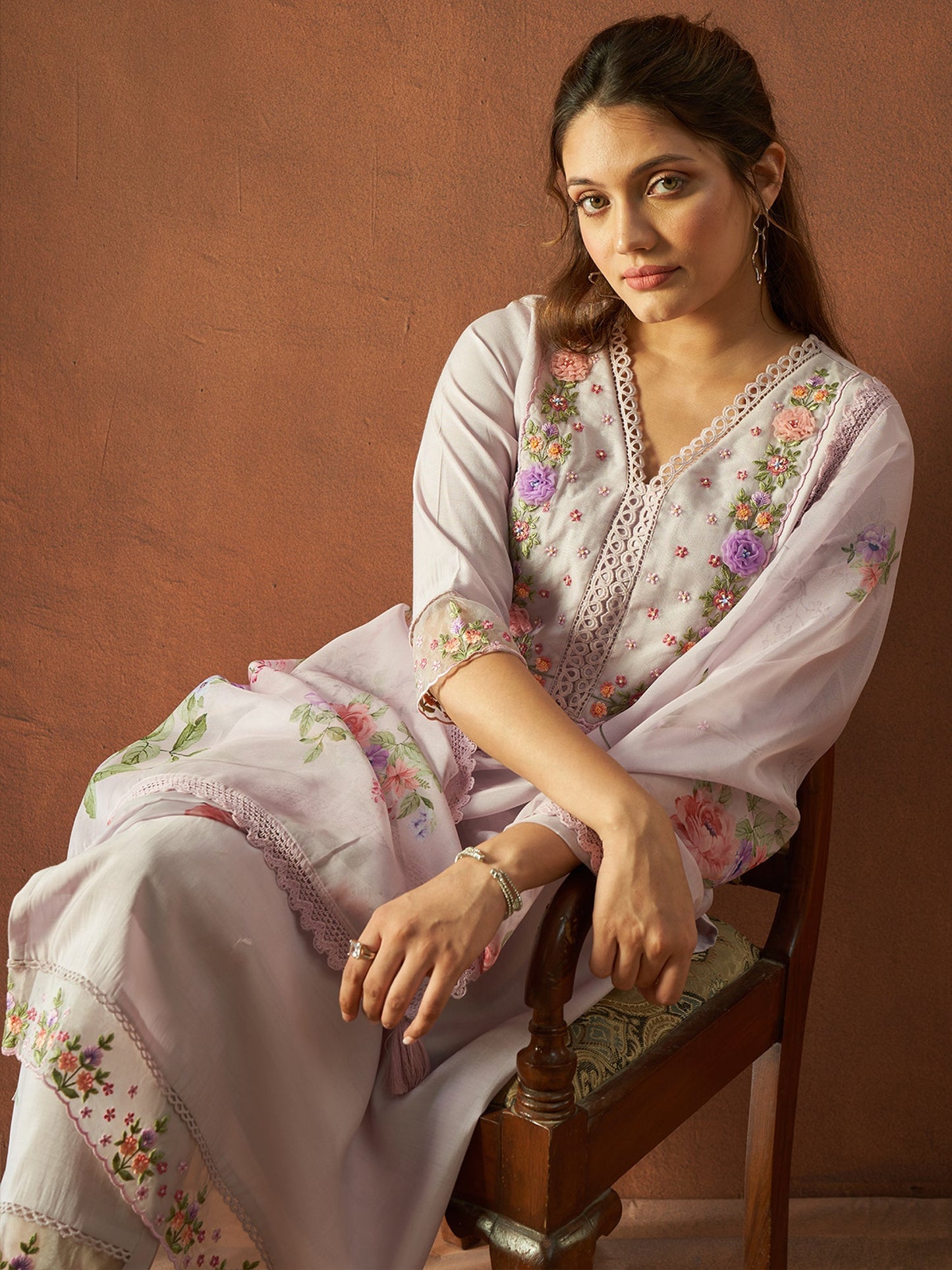 Indo Era Lavender Embroidered Straight Kurta Trousers With Dupatta set