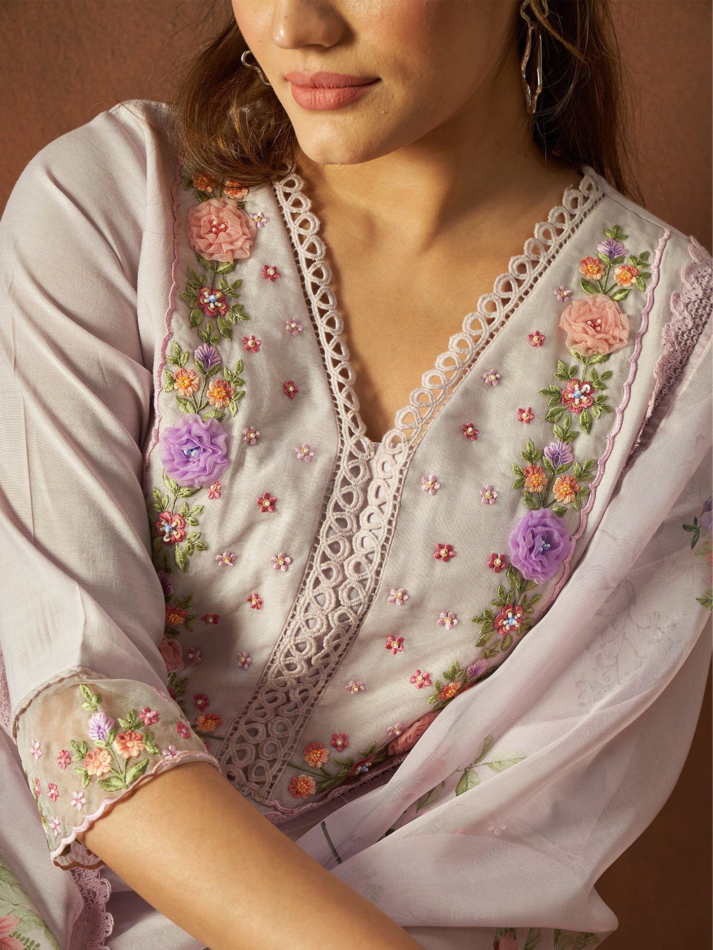 Indo Era Lavender Embroidered Straight Kurta Trousers With Dupatta set