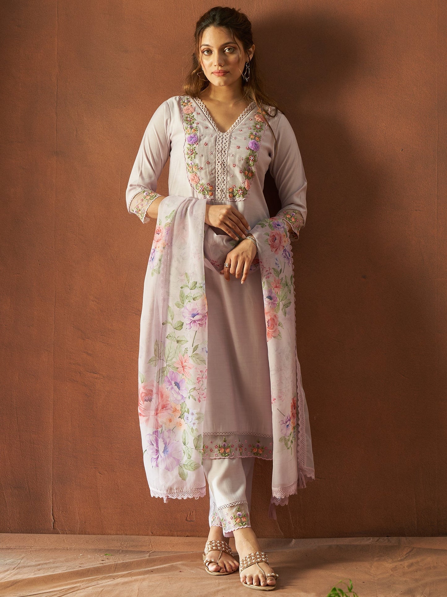 Indo Era Lavender Embroidered Straight Kurta Trousers With Dupatta set