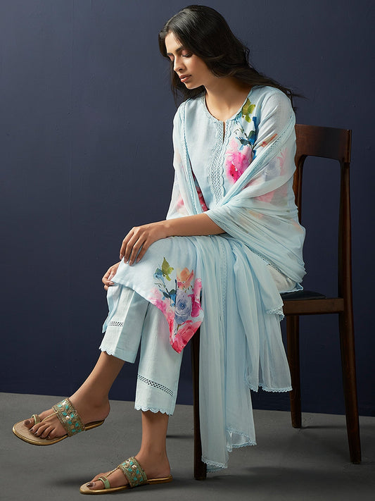 Indo Era Blue Printed Straight Kurta Trousers With Dupatta set