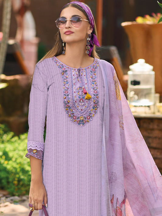 Indo Era Lavender Embroidered Straight Kurta Trousers With Dupatta set