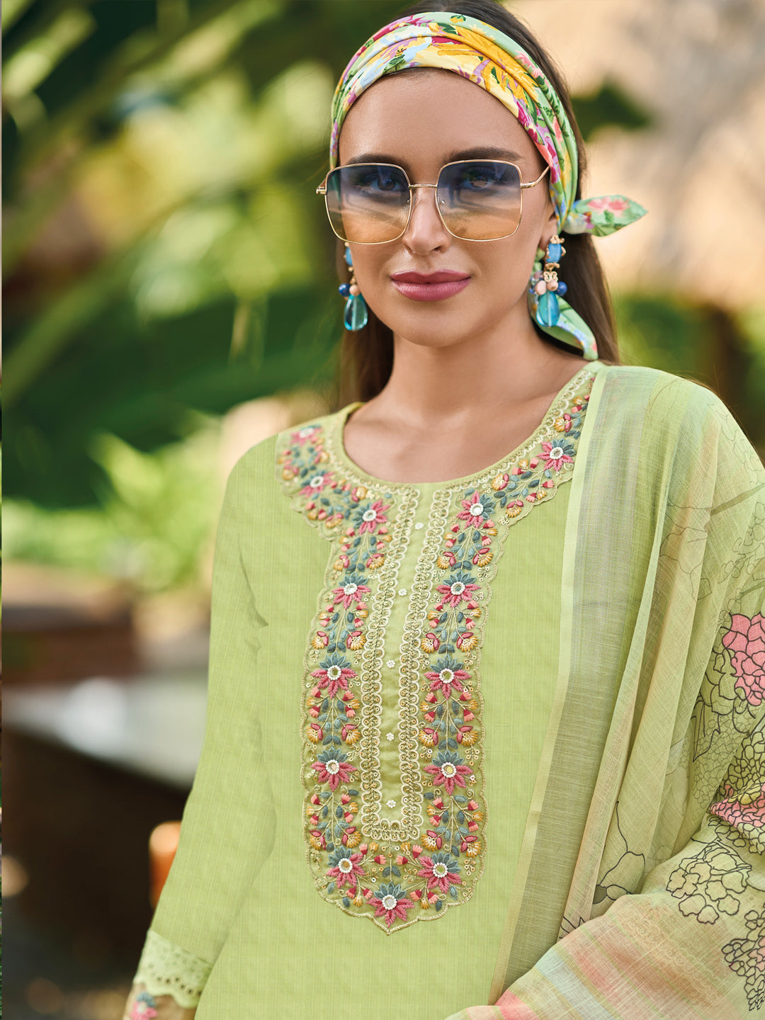 Indo Era Green Embroidered Straight Kurta Trousers With Dupatta set