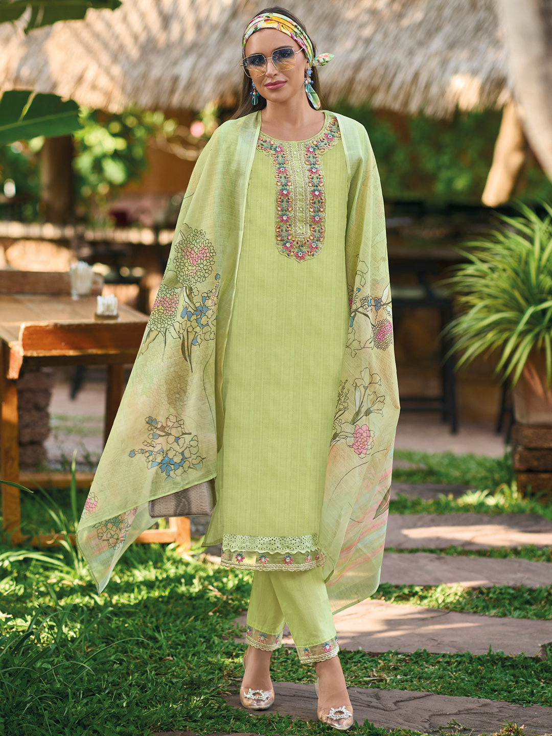 Indo Era Green Embroidered Straight Kurta Trousers With Dupatta set