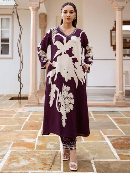 Indo Era Burgundy Printed A-Line Kurta Salwar set