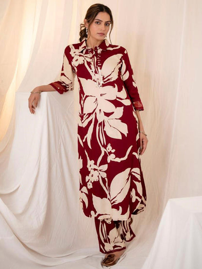 Maroon Printed Straight Kurta Trousers set