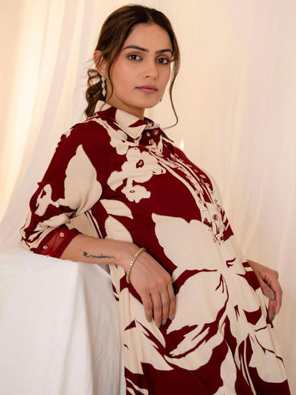 Maroon Printed Straight Kurta Trousers set