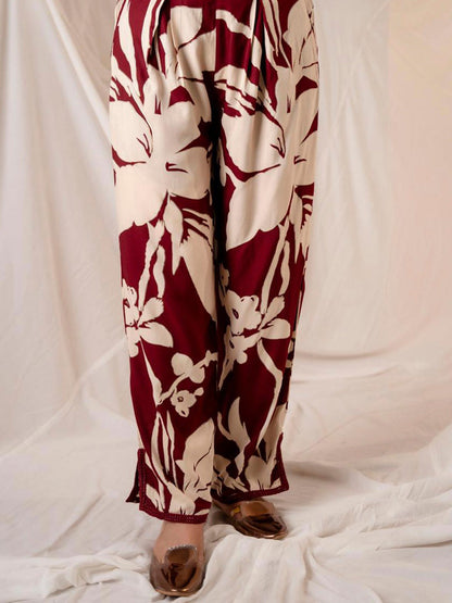 Maroon Printed Straight Kurta Trousers set
