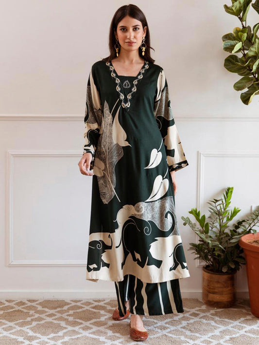 Indo Era Green Printed A-Line Kurta Palazzos Set