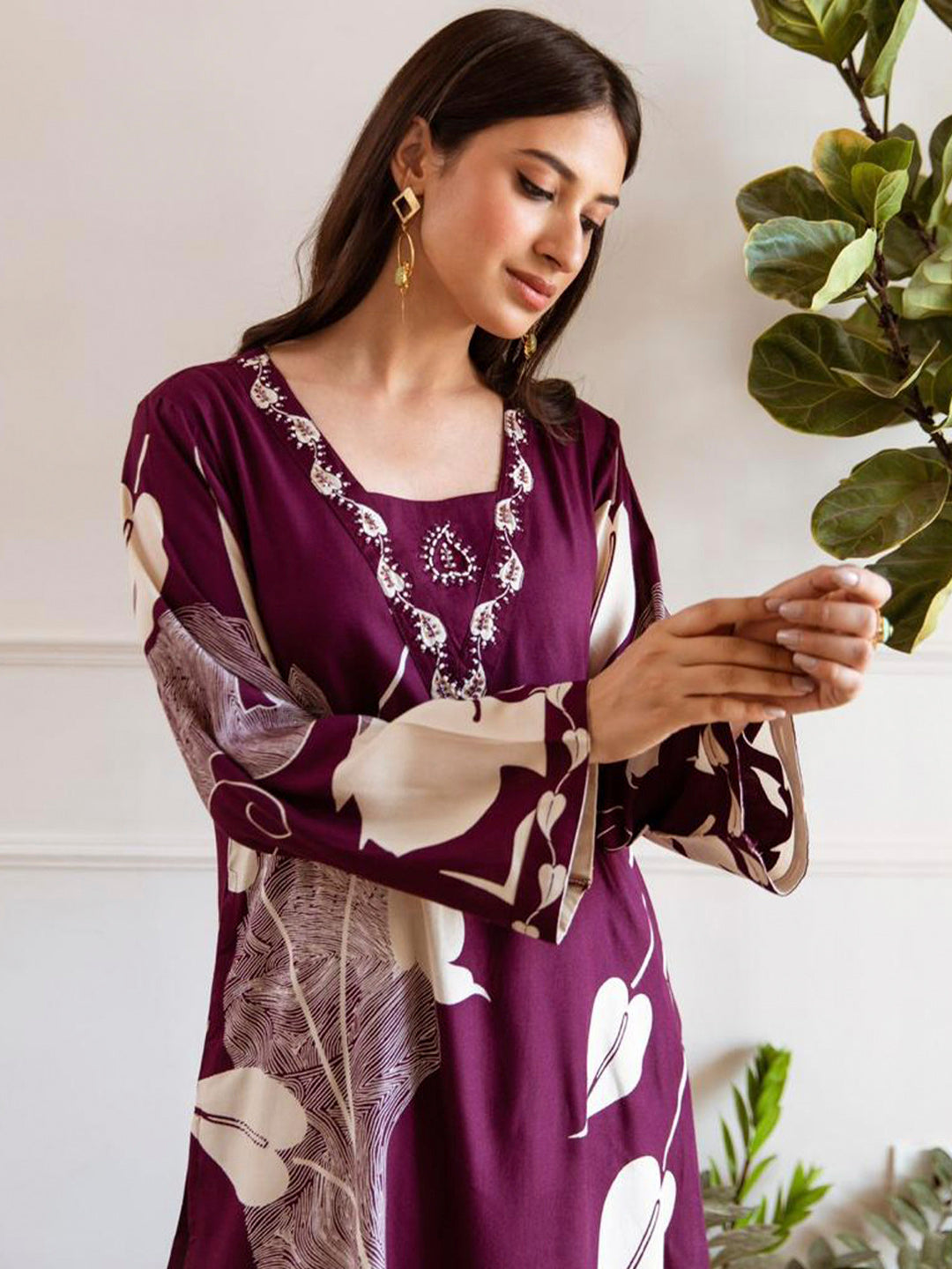 Indo Era Burgundy Printed A-Line Kurta Palazzos Set