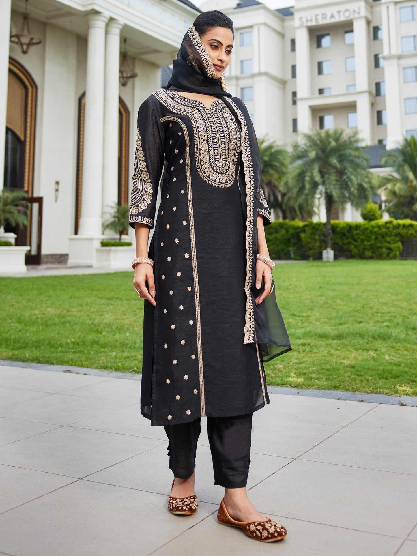 Indo Era Black Embroidered Straight Kurta Trousers With Dupatta Set