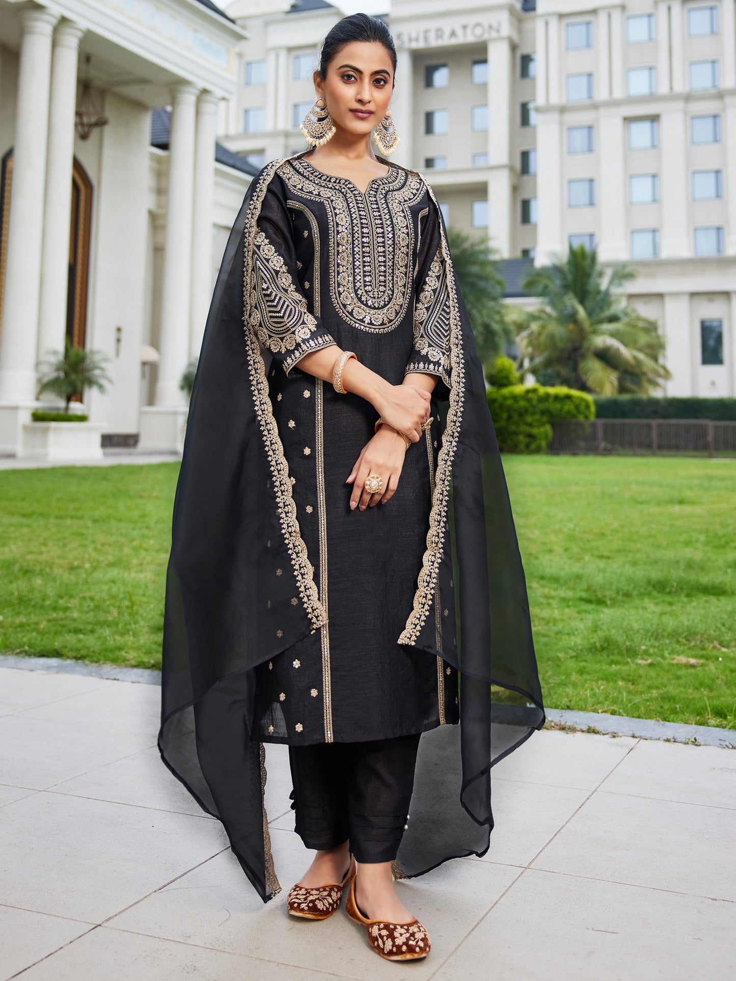 Indo Era Black Embroidered Straight Kurta Trousers With Dupatta Set
