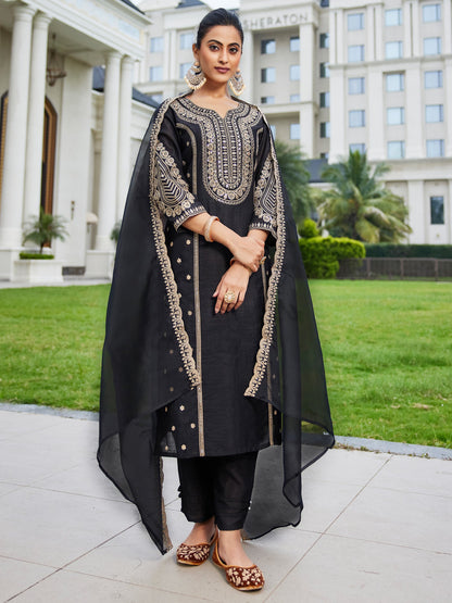 Indo Era Black Embroidered Straight Kurta Trousers With Dupatta Set
