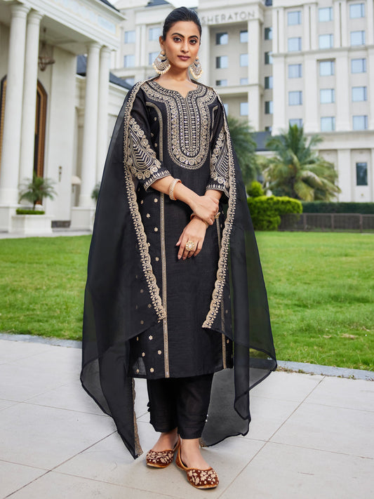 Indo Era Black Embroidered Straight Kurta Trousers With Dupatta Set