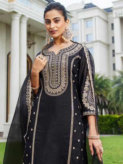 Indo Era Black Embroidered Straight Kurta Trousers With Dupatta Set