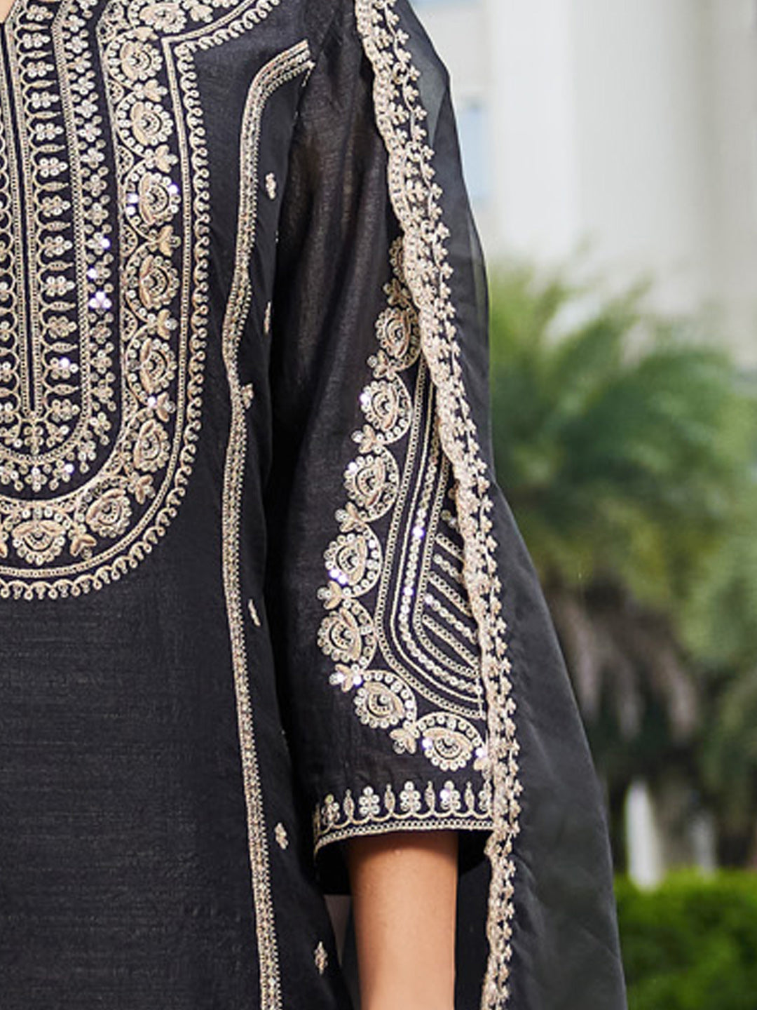 Indo Era Black Embroidered Straight Kurta Trousers With Dupatta Set