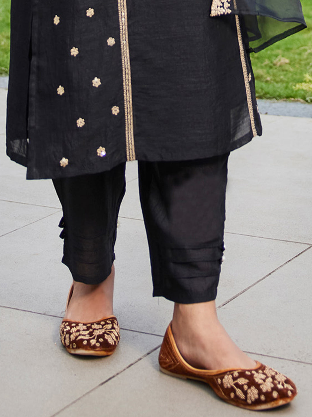 Indo Era Black Embroidered Straight Kurta Trousers With Dupatta Set