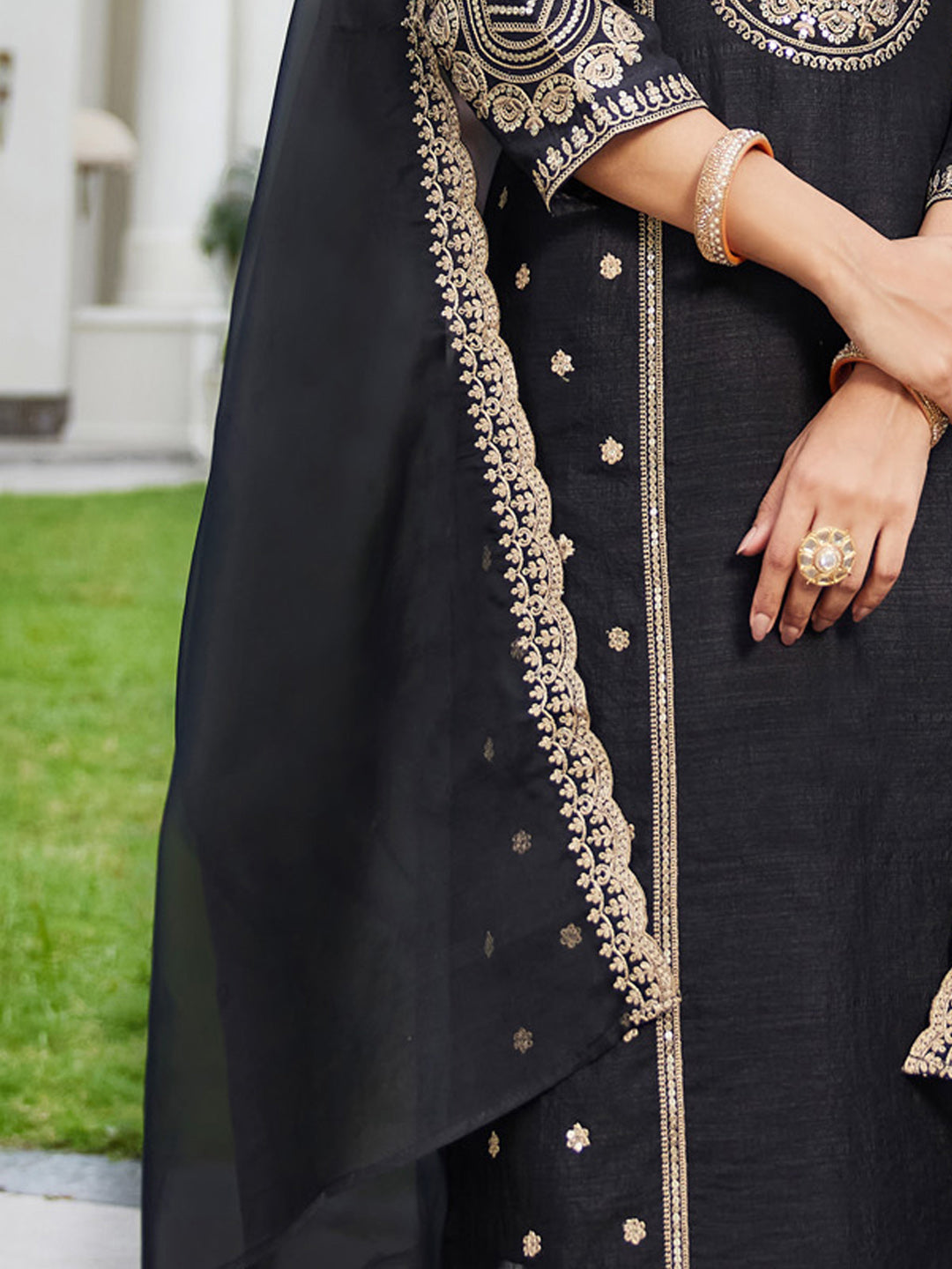 Indo Era Black Embroidered Straight Kurta Trousers With Dupatta Set