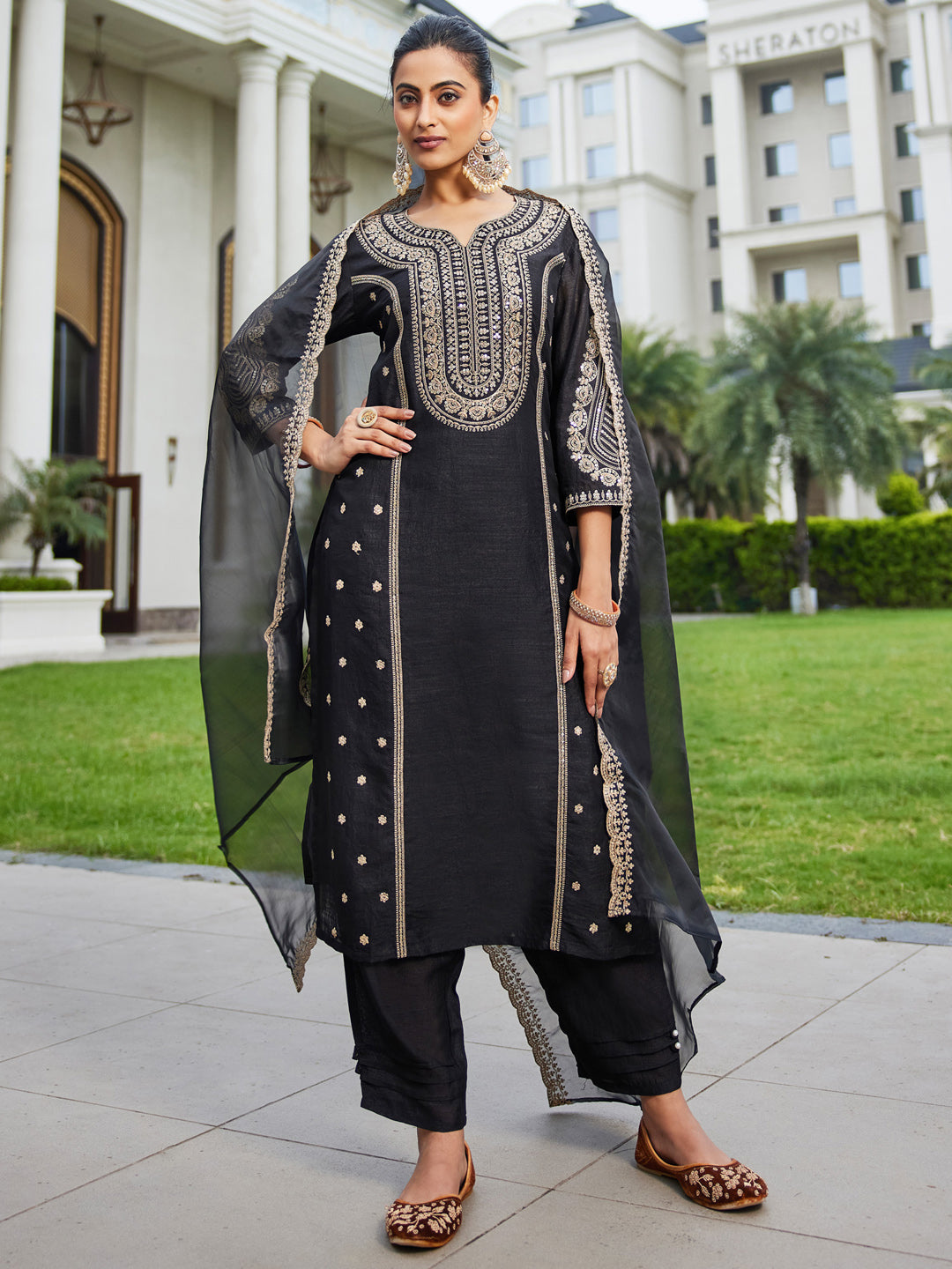 Indo Era Black Embroidered Straight Kurta Trousers With Dupatta Set