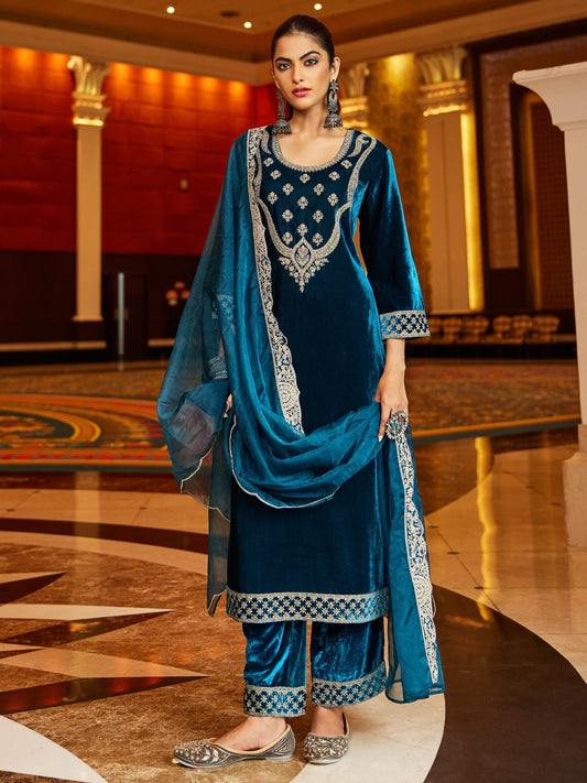 Indo Era Blue Embroidered Straight Kurta Trousers With Dupatta set