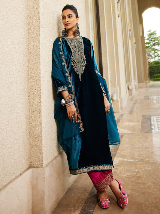Indo Era Blue Embroidered Straight Kurta Trousers With Dupatta Set