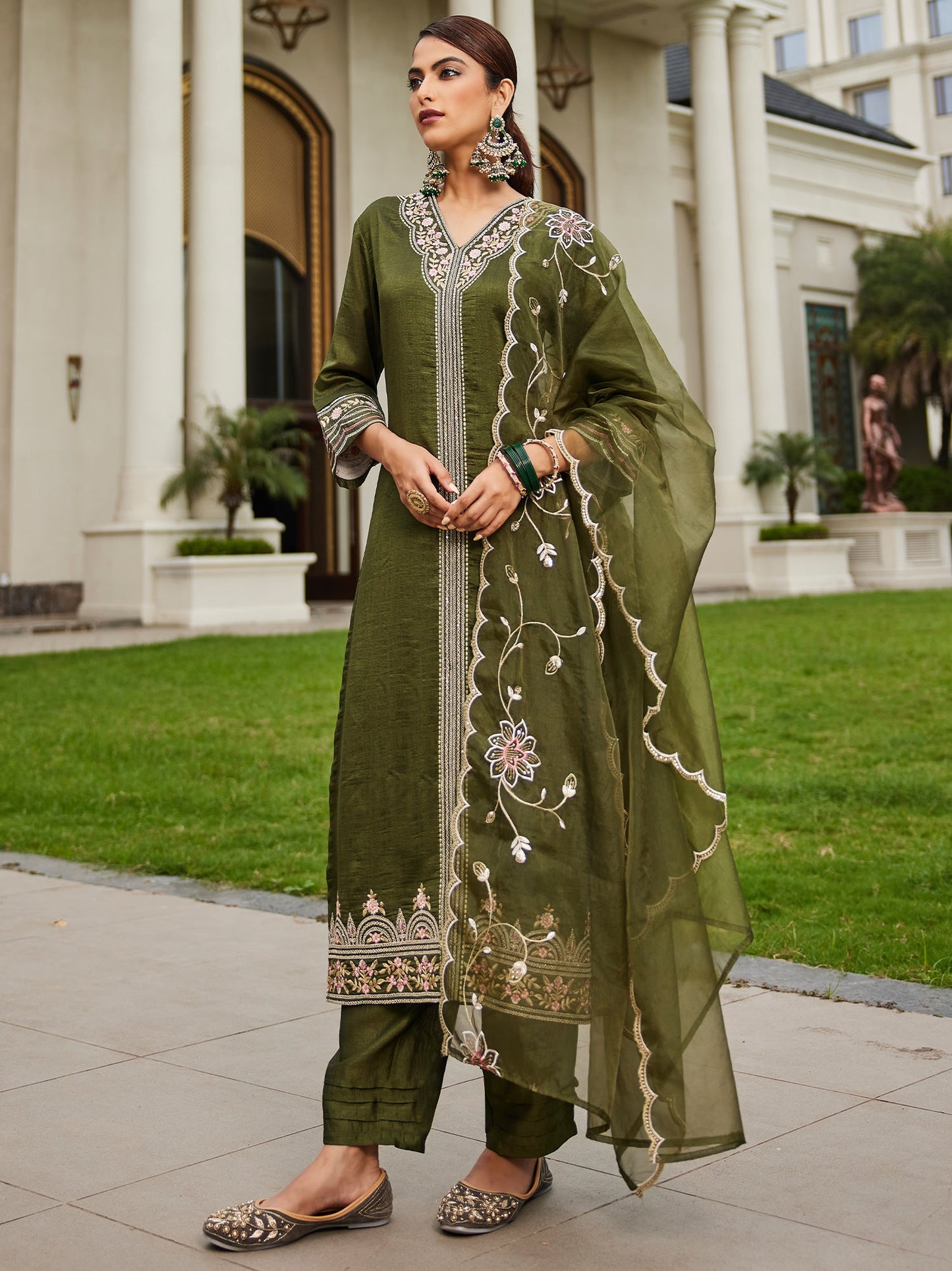 Indo Era Green Embroidered Straight Kurta Trousers With Dupatta Set