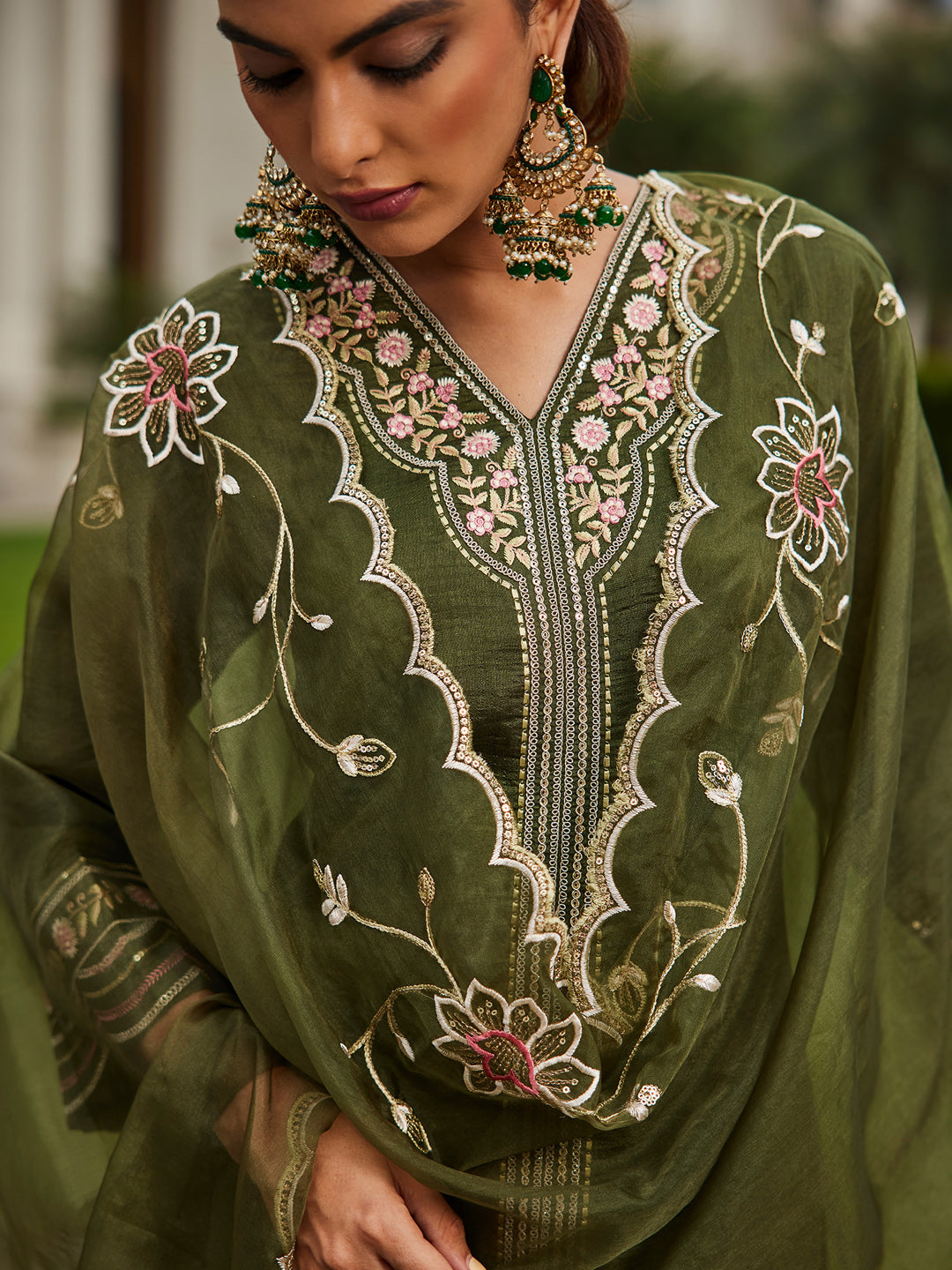 Indo Era Green Embroidered Straight Kurta Trousers With Dupatta Set