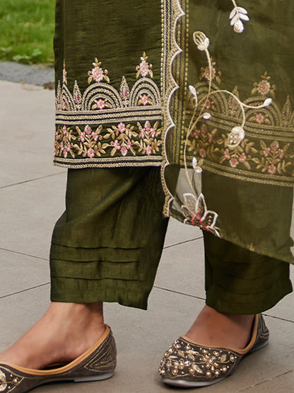 Indo Era Green Embroidered Straight Kurta Trousers With Dupatta Set