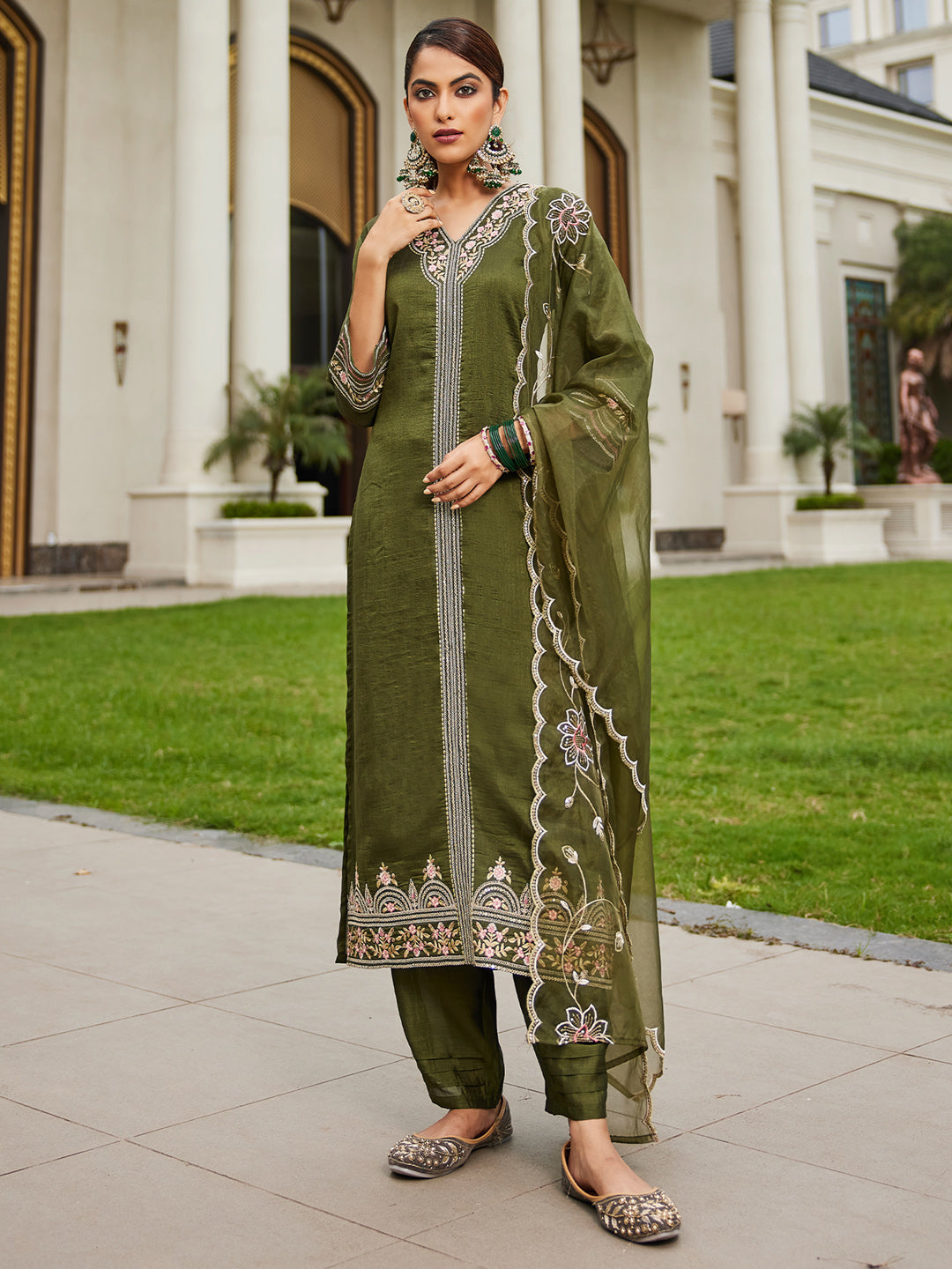 Indo Era Green Embroidered Straight Kurta Trousers With Dupatta Set