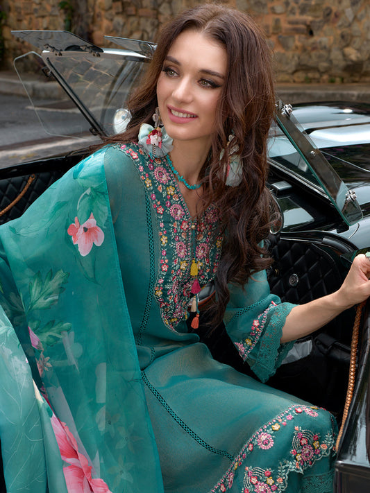 Indo Era Blue Embroidered A-Line Kurta Trousers With Dupatta Set