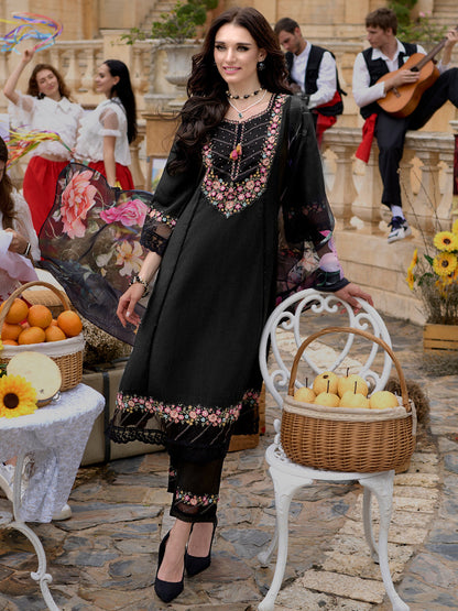 Indo Era Black Embroidered A-Line Kurta Trousers With Dupatta Set