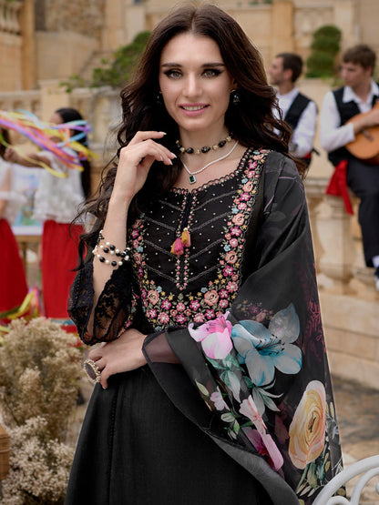 Indo Era Black Embroidered A-Line Kurta Trousers With Dupatta Set