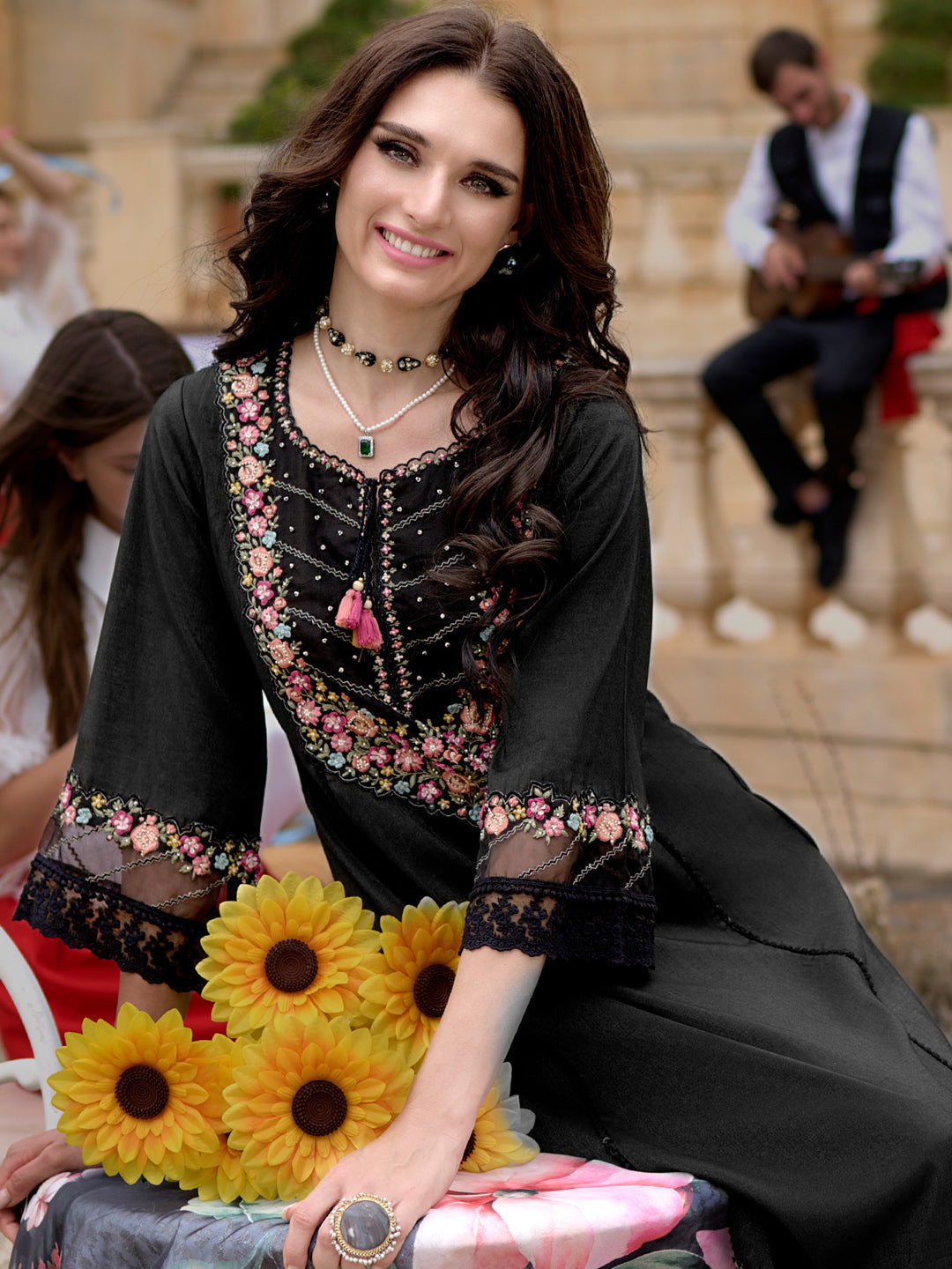Indo Era Black Embroidered A-Line Kurta Trousers With Dupatta Set