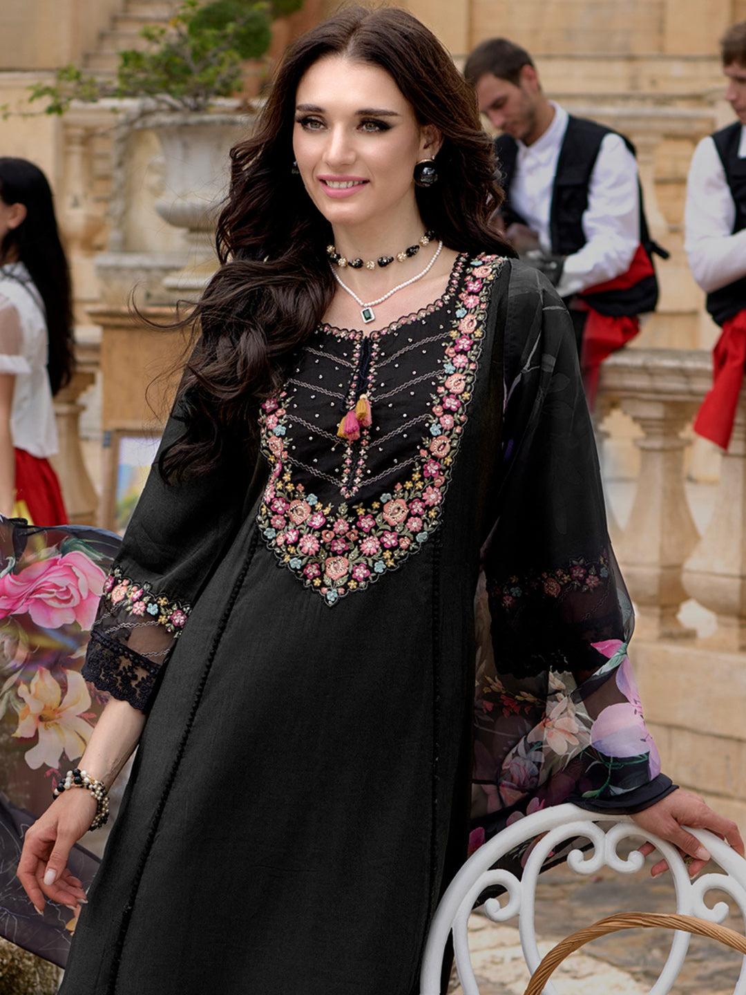 Indo Era Black Embroidered A-Line Kurta Trousers With Dupatta Set