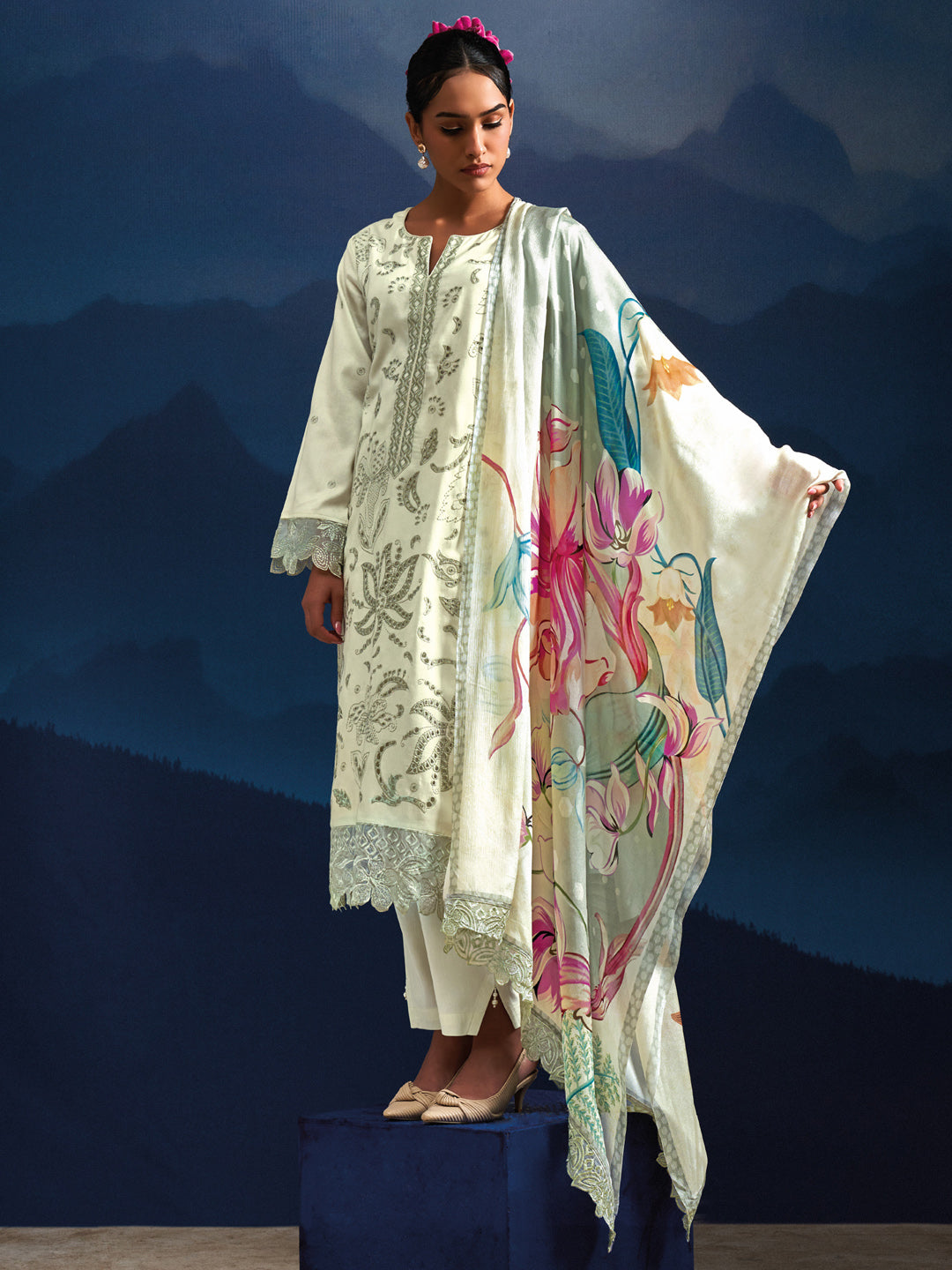 Indo Era Cream Embroidered Straight Kurta Trousers With Dupatta set