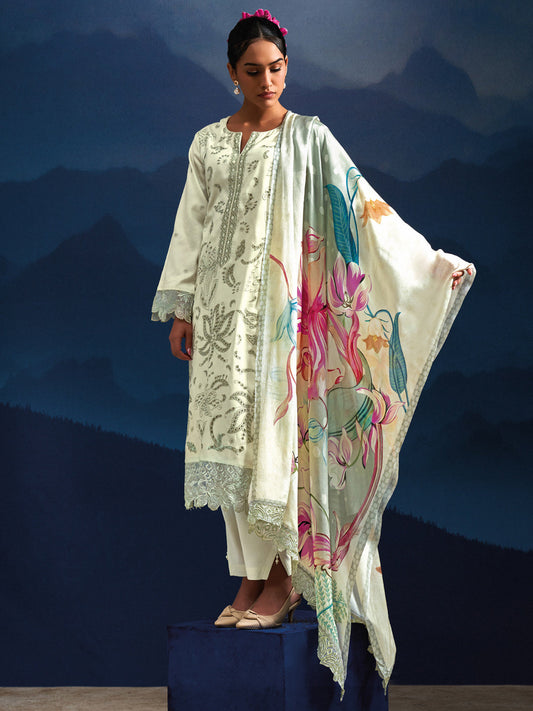 Indo Era Cream Embroidered Straight Kurta Trousers With Dupatta set