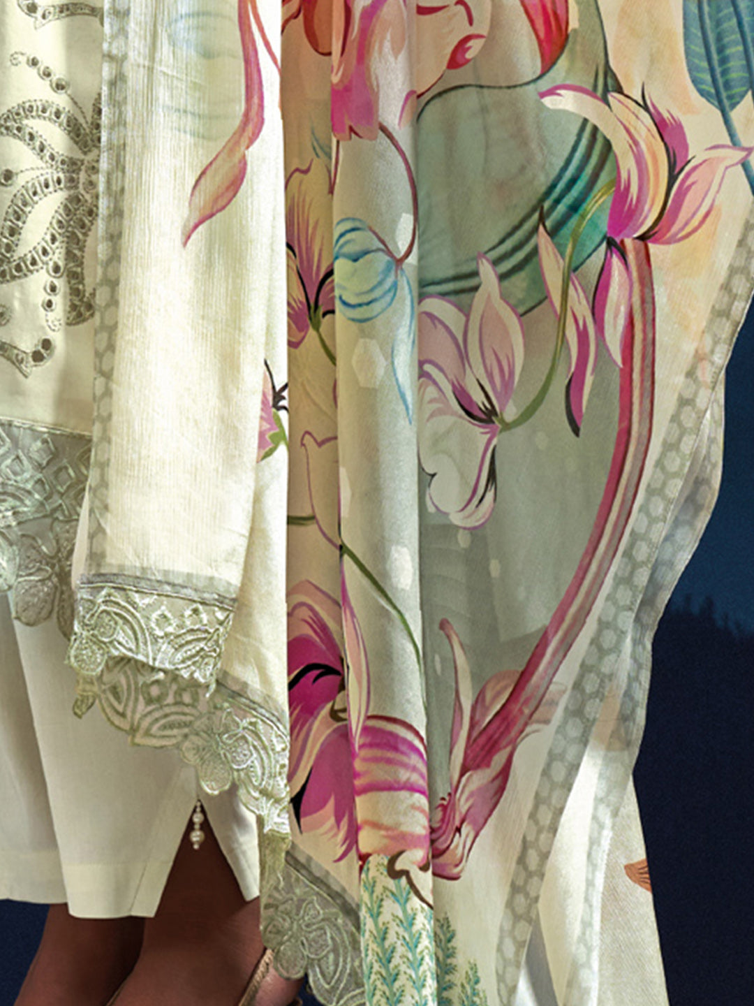 Indo Era Cream Embroidered Straight Kurta Trousers With Dupatta set