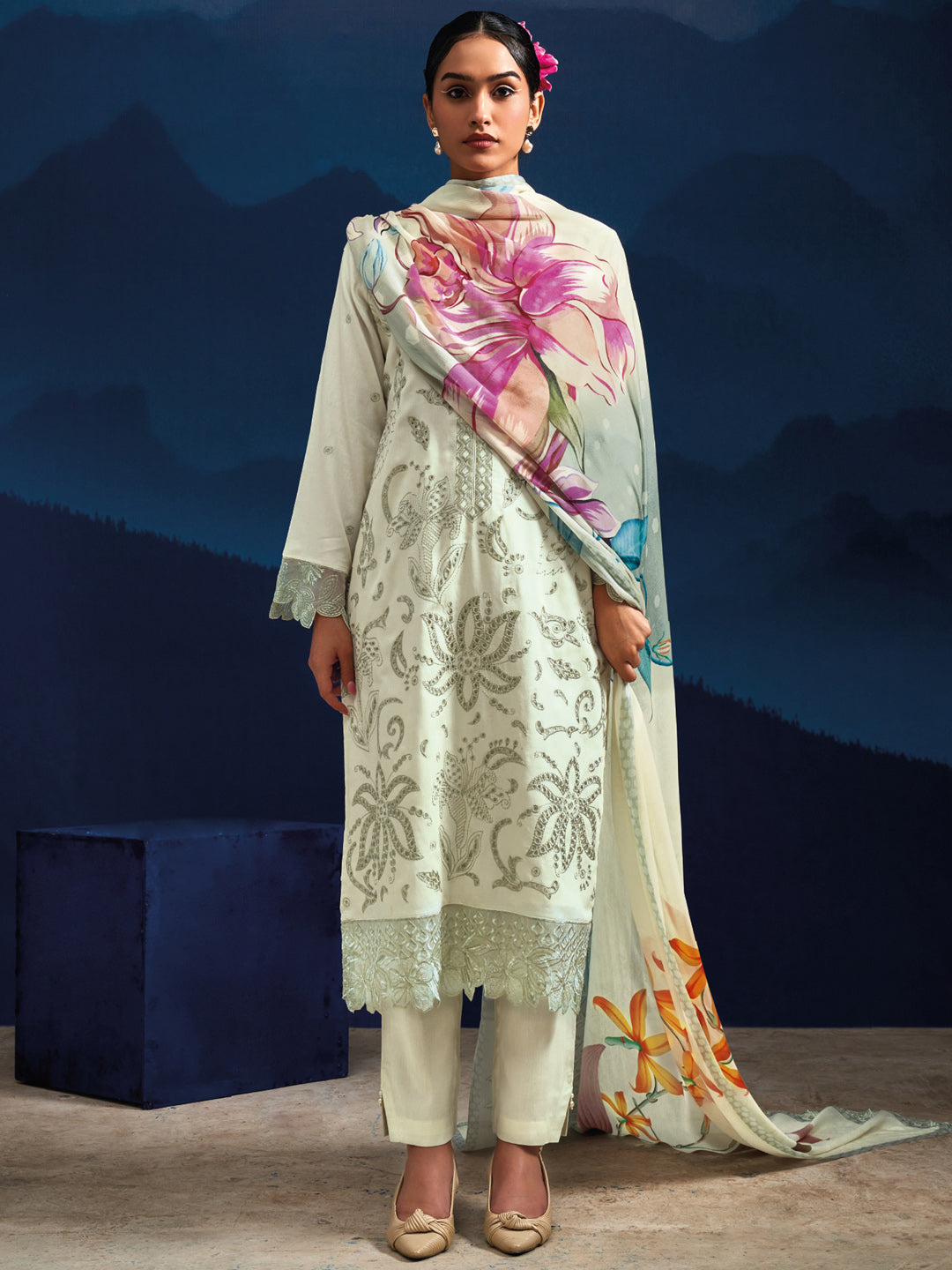 Indo Era Cream Embroidered Straight Kurta Trousers With Dupatta set