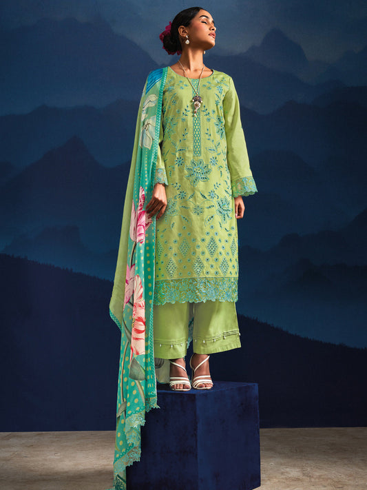Indo Era Green Embroidered Straight Kurta Trousers With Dupatta set