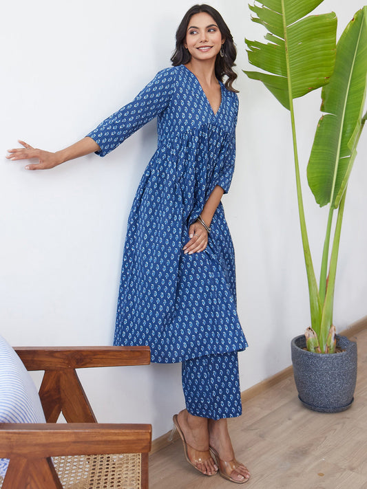 Indo Era Blue Printed A-Line Kurta Trousers set