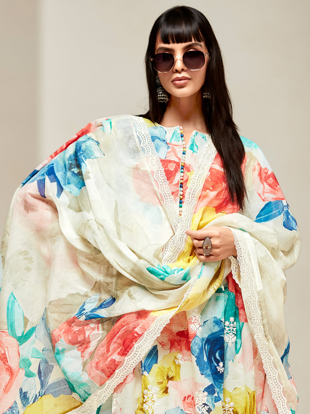 Multi Embroidered A-Line Kurta Trousers With Dupatta set