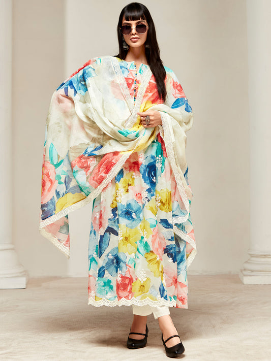 Multi Embroidered A-Line Kurta Trousers With Dupatta set