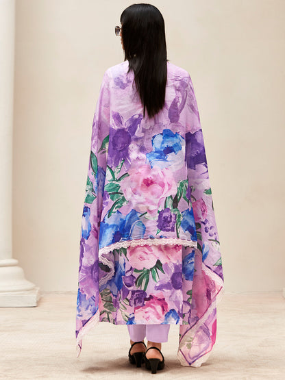 Indo Era Lavender Embroidered A-Line Kurta Trousers With Dupatta set