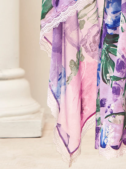 Indo Era Lavender Embroidered A-Line Kurta Trousers With Dupatta set