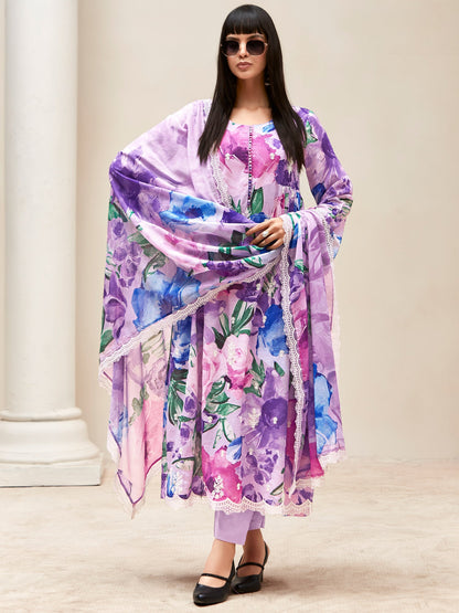 Indo Era Lavender Embroidered A-Line Kurta Trousers With Dupatta set