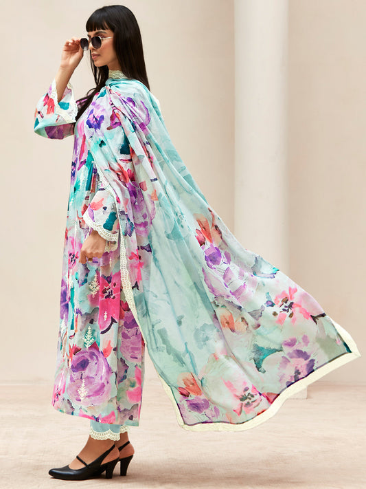 Multi Embroidered A-Line Kurta Trousers With Dupatta set